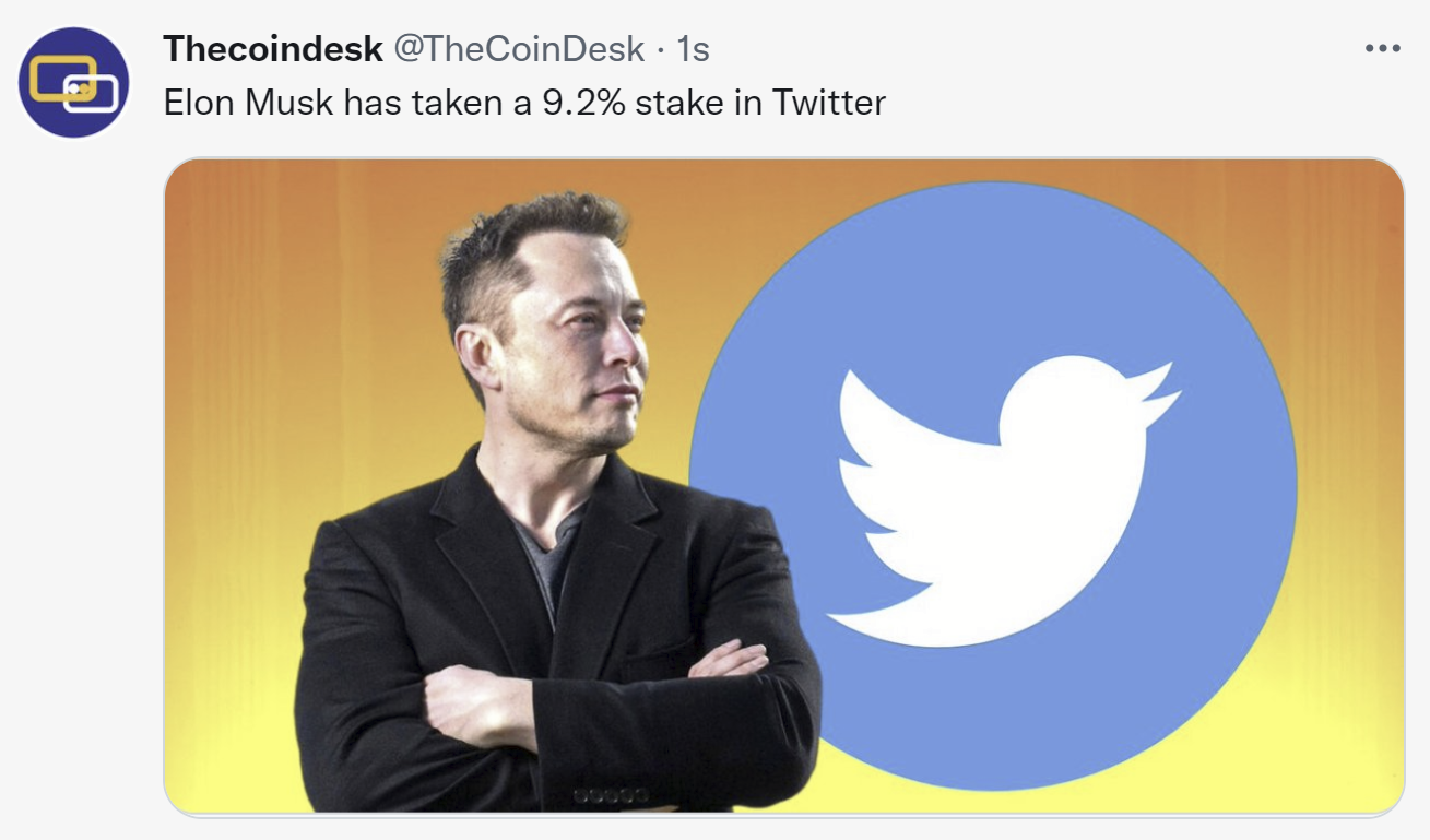 Musk đã nắm giữ 9,2% cổ phần của Twitter, giá cổ phiếu Twitter tăng 26%