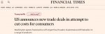 Financial Times: Mỹ công bố thỏa thuận thương mại mới nhằm giảm chi phí cho người tiêu dùng